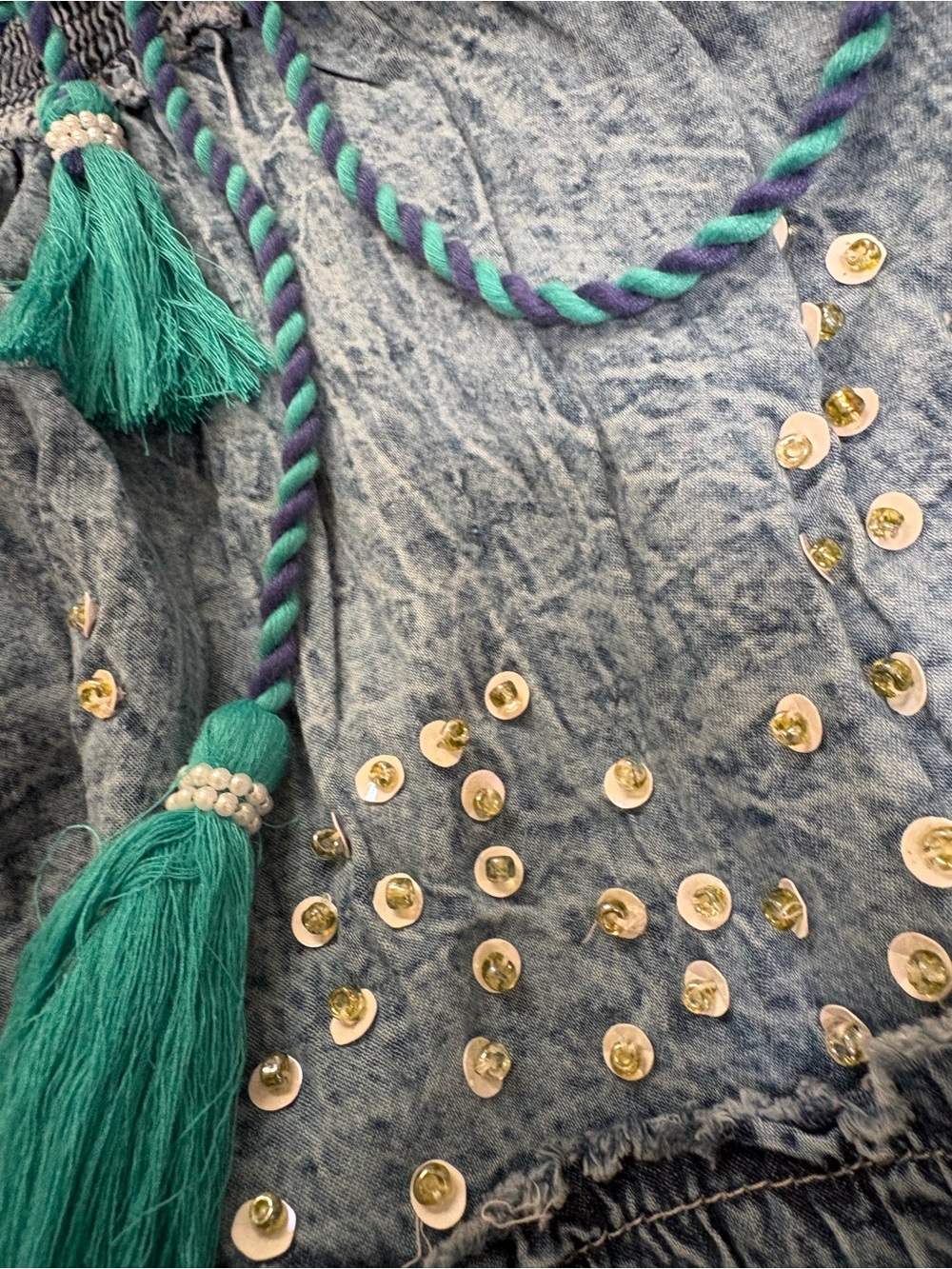 POL Bohemian Tiered Denim Maxi Length Smocked Waist Beaded Skirt - Picture 7 of 10